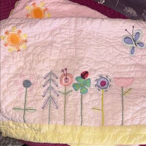 Land Of Nod Pink Quilted Floral & Butterfly Sham Yellow Trim